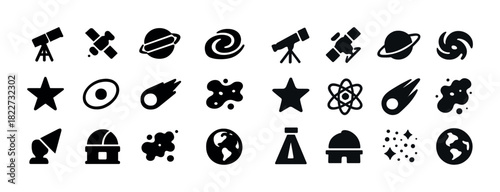 Collection of space-themed icons featuring telescope, planet, star, and galaxy designs