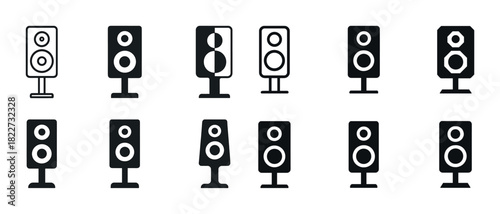 Collection of black and white speaker icons in various designs