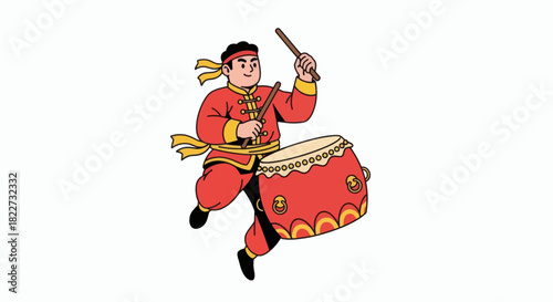Man playing traditional Chinese drum in vibrant red costume.