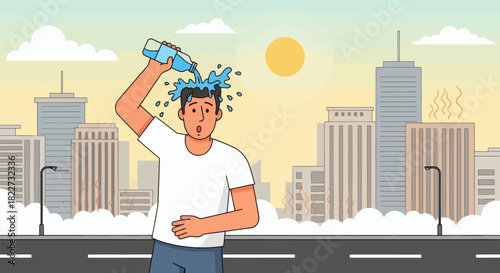 Man pouring water on his head to cool down in a hot city.