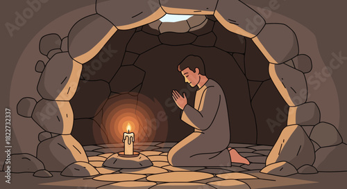 Man praying in a cave by candlelight seeking spiritual solace and reflection.