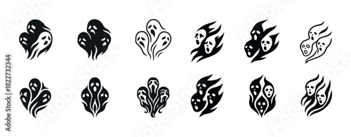 Collection of abstract ghostly designs in black and white