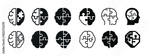 Brain puzzle icons set: conceptual illustrations of human mind and intelligence