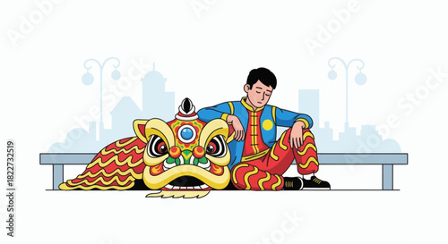 Man Resting After Lion Dance Performance.