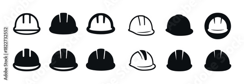 Set of twelve black and white hard hat icons in various styles
