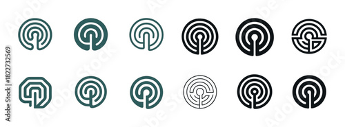 Set of 12 minimalist circular wifi and maze logos in black and green