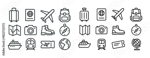 Travel icons set: luggage, passport, airplane, map, camera, compass