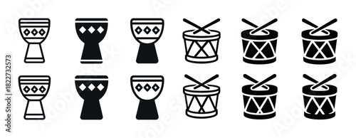 Black and white drum icons set with varied designs and sticks