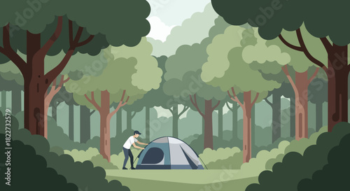Man Setting Up Tent in Lush Green Forest for Outdoor Camping Adventure.