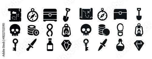 Treasure hunt icons: map, compass, chest, skull, key, lantern, dagger, potion