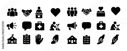 Diverse icon set featuring teamwork, healthcare, and environmental symbols