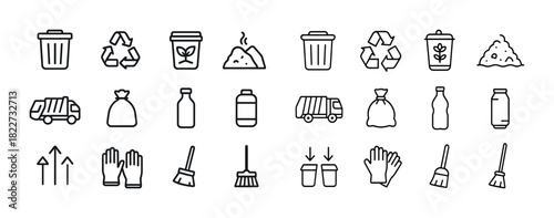 Waste management icons: recycling, compost, trash, broom, gloves, arrows
