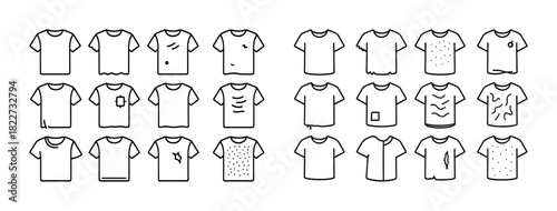 Collection of 24 minimalist t-shirt icons with various patterns and designs