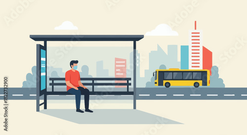 Man Waiting at Bus Stop in City with Bus Approaching.