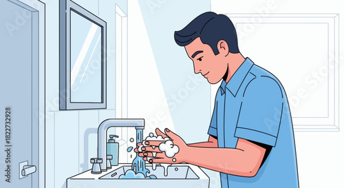 Man washing hands thoroughly with soap and water in a clean bathroom.
