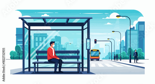 Man wearing face mask sitting at a bus stop in the city waiting for public transport.