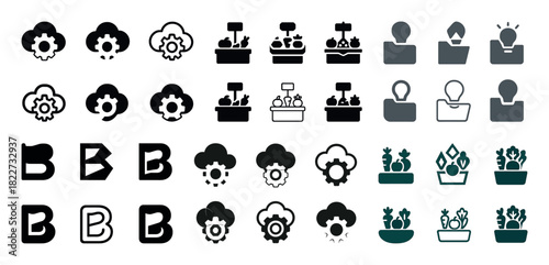 Variety of plant and gear icons in black and gray shades
