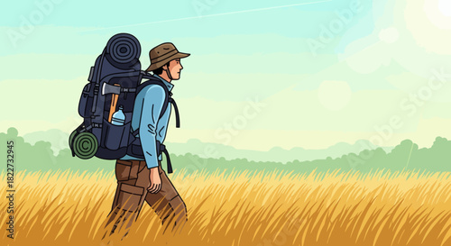 Man with a large backpack walking through a field of tall grass on a sunny day.