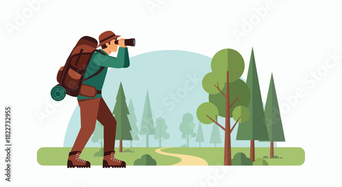 Man with backpack taking photos in a forest enjoying nature and outdoor adventure.