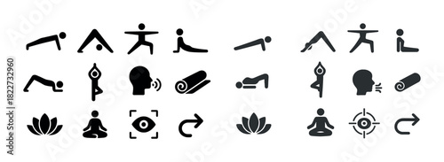 Yoga and meditation icons: pose, wellness, mindfulness, silhouette, lotus