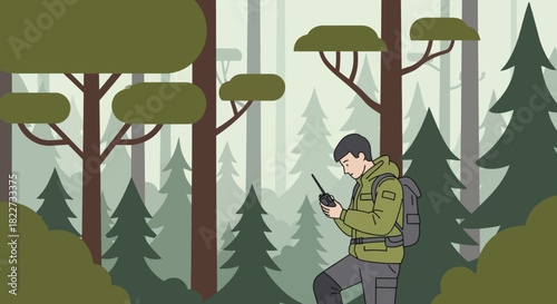 Man with Radio in Forest.
