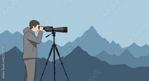 Man with spotting scope observing mountain landscape.
