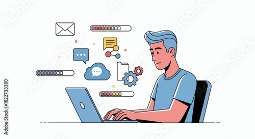 Man working on laptop with data processing and cloud computing icons.
