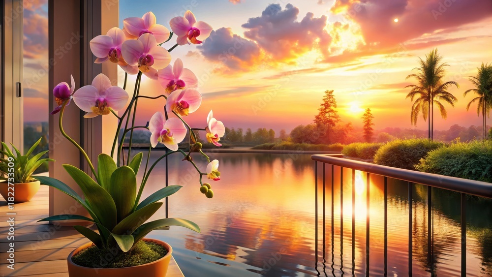 Obraz premium Serene Sunset Vista Orchids in Bloom on a Tranquil Balcony Overlooking a Calm Lake at Golden Hour