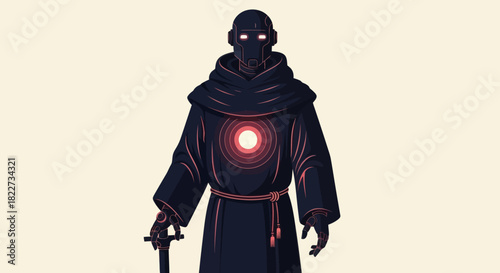 Mysterious Dark Figure with Glowing Chest and Hooded Robe.