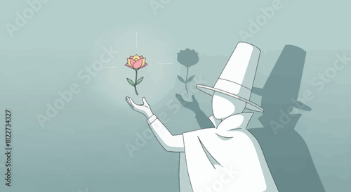 Mysterious figure holding a vibrant red rose against a muted background casting a long shadow.