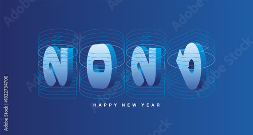 2026 technical drawing lines turn into 3D numbers in the form of a metal plate with laser precision vertical space view. New Year 2026 concept design greeting card blue banner for hitech engineering