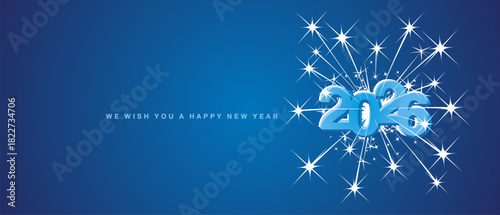 Happy New Year 2026 eve modern design with light big explosion of stars and sparkle firework. Reflection shape from White to blue shades for 2026 on blue background greeting card