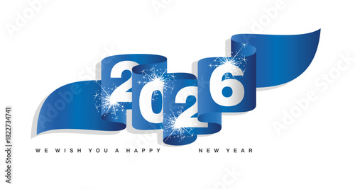New Year 2026 concept design template with sparkle firework white silver 2026 on blue wavy ribbon flag. Premium vector design element for poster, banner, greeting card
