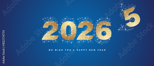New Year 2026 golden shining bold typography logo with many stars and stardust in the shape of 2026 over all. end of 2025 and beginning of a new year white gold blue background greeting card