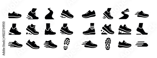Collection of running shoe icons in various action poses