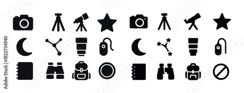 Collection of black icon pack featuring cameras, stars, moons, and backpacks