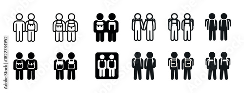 Collection of diverse stick figure people icons with backpacks and suits