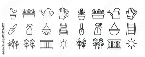 Garden tools and symbols collection: pots, watering cans, gloves, sprayer, ladder, sun