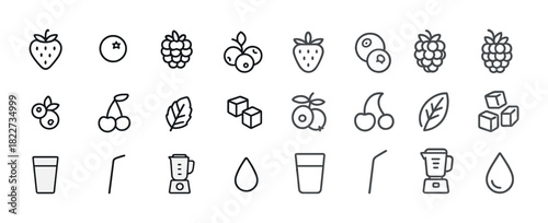 Set of minimalist fruit and beverage icons in outline style