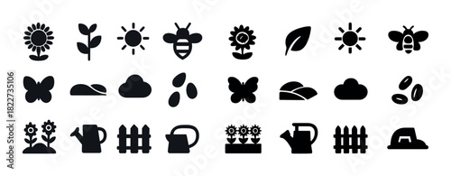 Garden icons: flowers, plants, gardening tools, nature, and bees