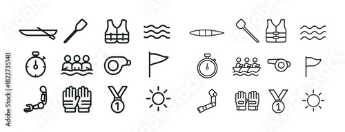 Rowing icons: kayak paddles life jackets stopwatch whistle flag medals