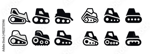 Set of 12 black and white tractor icon illustrations