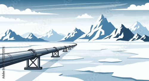 Oil pipeline stretching across a vast snowy arctic landscape with towering mountains in the background under a cloudy sky.