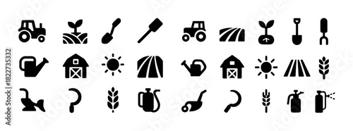 Set of agriculture and farming icons: tractor, plant, barn, tools, sun