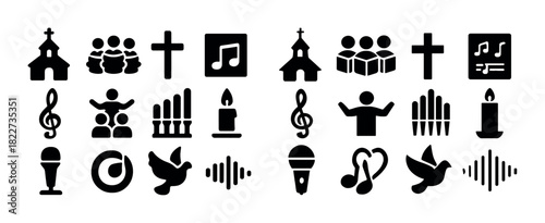 Church and music icons: cross, choir, candle, microphone, dove, music notes