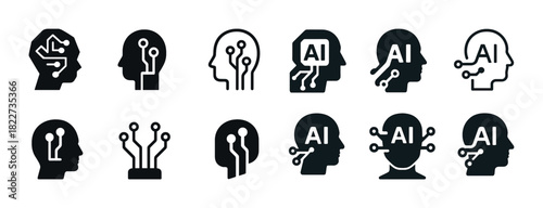 Ai brain icon set: diverse technology head silhouettes