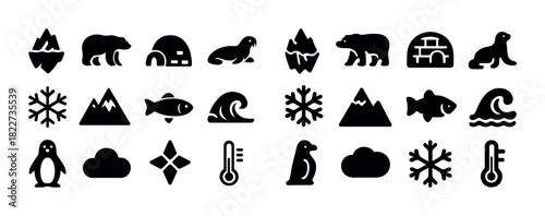 Arctic wildlife and weather icons including bear, seal, iceberg, igloo, and snowflake