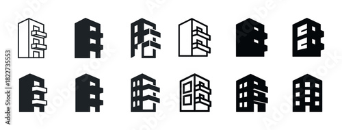 Collection of twelve minimalist building icons in various styles and shades