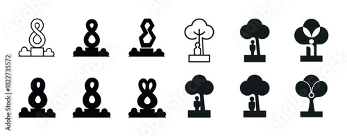 Set of minimalist tree and infinity symbol silhouettes