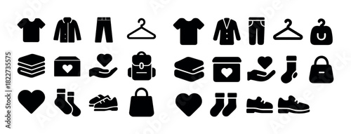 Fashion icons set: clothing shoes accessories hangers hearts socks